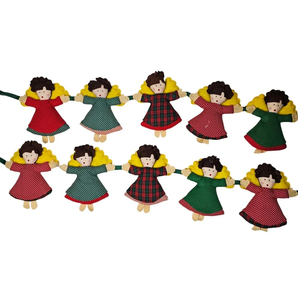 Vintage Style Fabric Angel Christmas Garland Set of 2 Red Green Plaid Folk Art